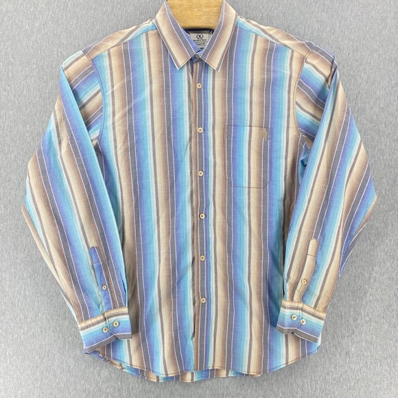 Bugatchi Mens Coastal Striped Button Down Shirt Large Blue Brown Long Sleeve - Picture 2 of 8